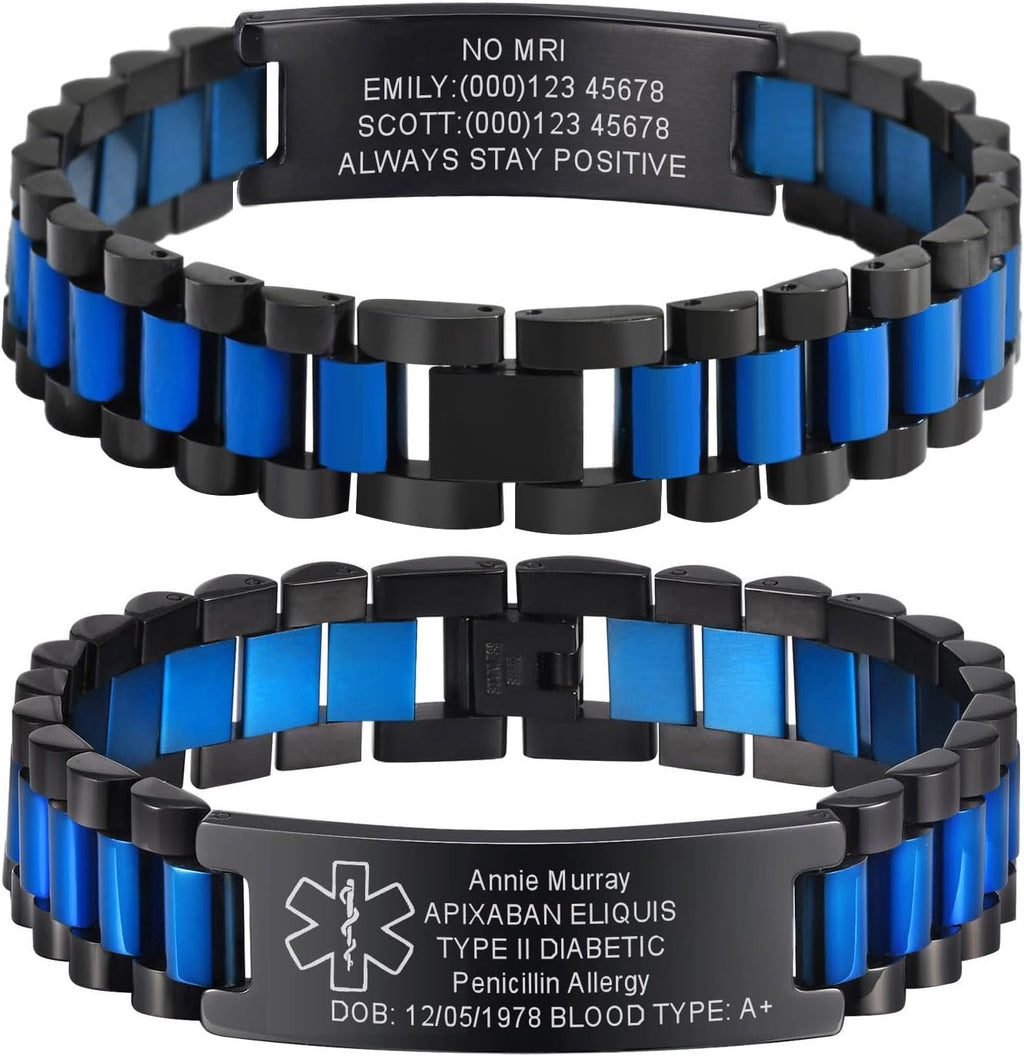 Medical ID Bracelet for Men: Free Engraving Black Masculine Watch Band Style Medical Alert Wristband Personalized Medic ID Bracelet Jewelry for Men