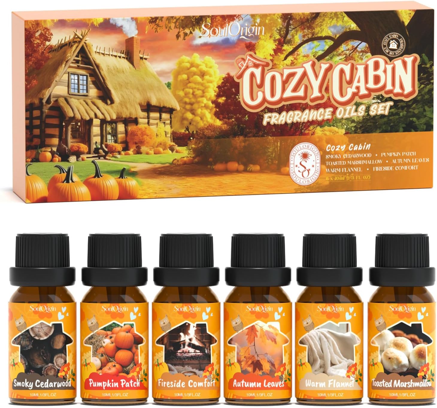 Soulorigin Fall Cozy Cabin Fragrance Oils Set, Essential Oil for Diffuser, Use for Soap Candle Making-Smoky Cedar Wood, Roasted Marshmallows, Autumn Leaves, Warm Flannel, Fireplace Time, Pumpkin Patch