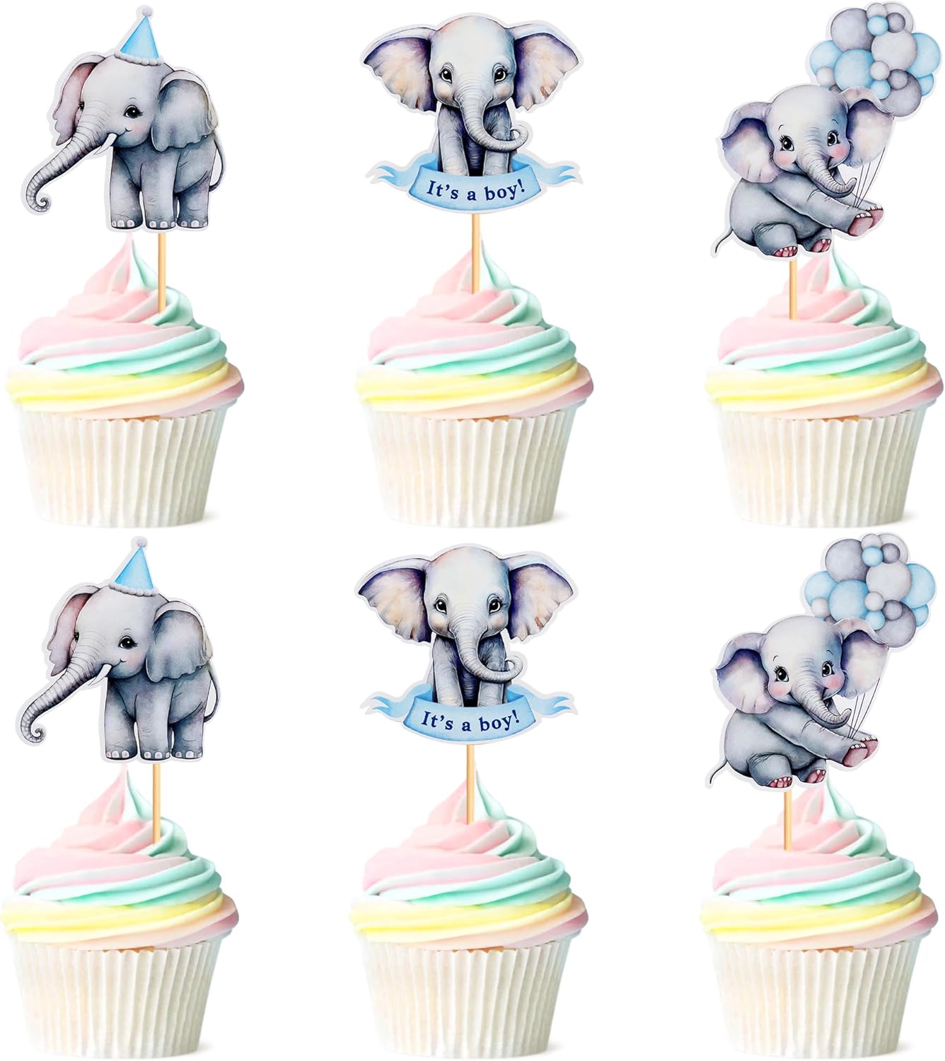 24Pcs Blue Elephant Cupcake Toppers It's a Boy Cupcake Picks for Elephant Theme Gender Reveal Baby Shower Kids Boys Birthday Party Cake Decorations
