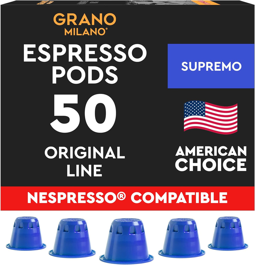 Grano Milano Supremo - 50 Espresso Pods Compatible with Nespresso Original line, Dark Roast - Intensity 11/12, Coffee Capsules Made in Italy Espresso Coffee