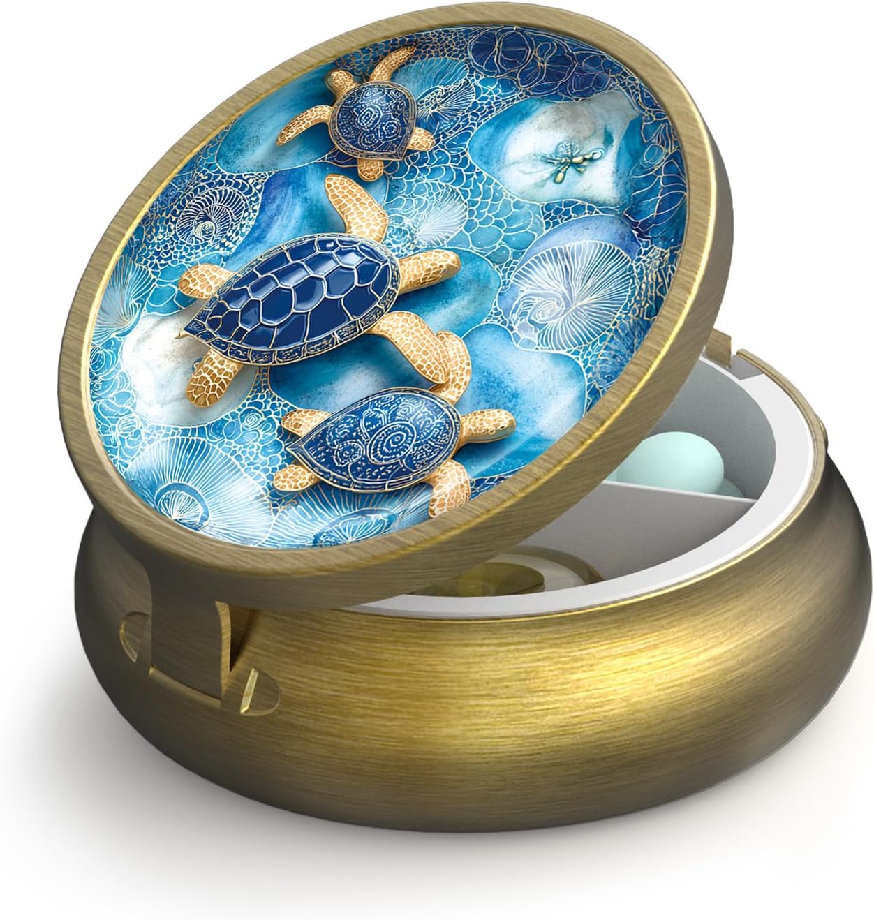 Small Pill Case Pill Box with Mirror Retro 3 Compartment Pill Holder for Purse or Pocket Bronze Portable Medicine Vitamin Container Fish Oil and Supplement Storage BPA-Free(Blue Sea Turtles)