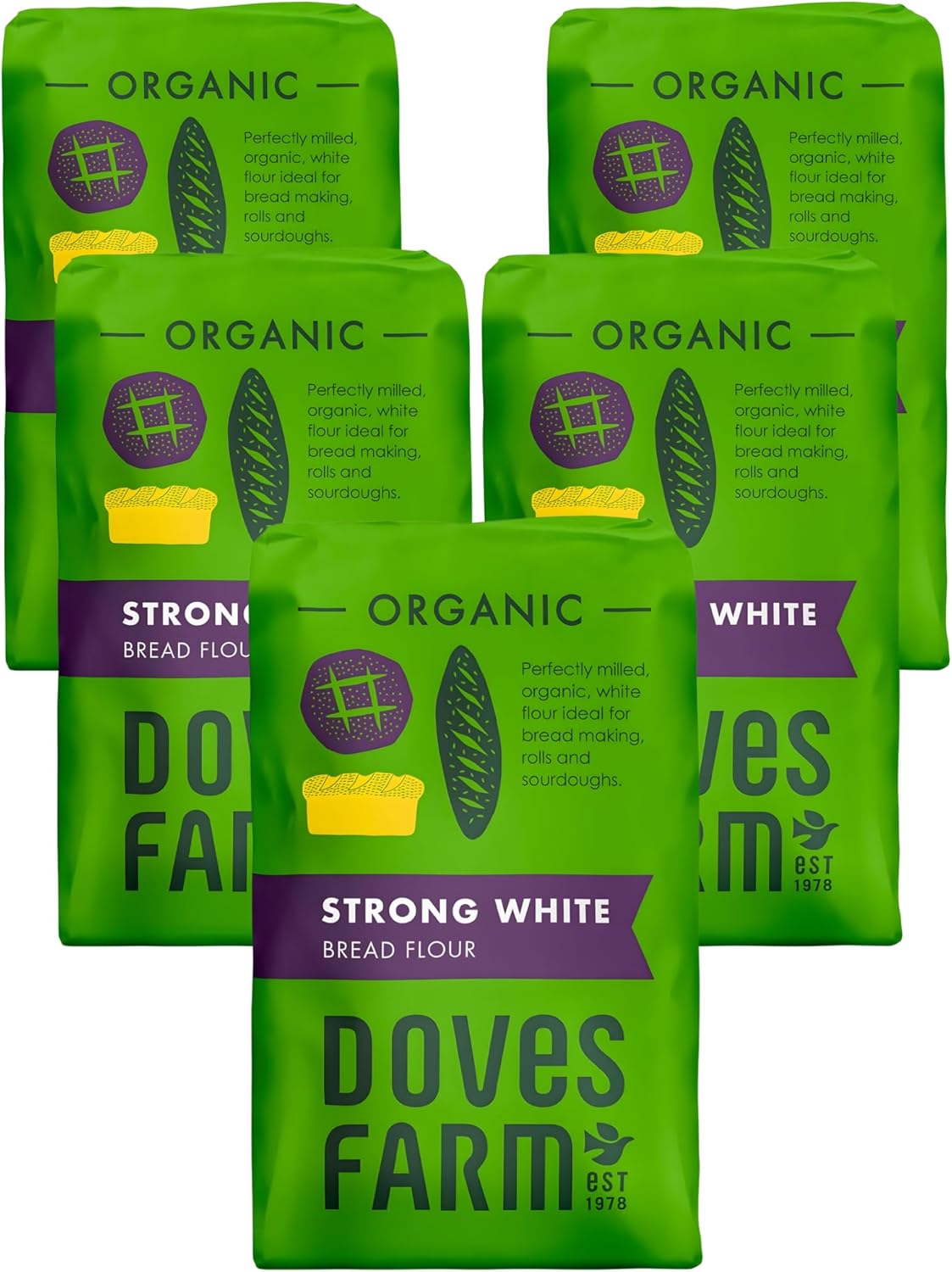 Doves Farm Organic Strong White Bread Flour 3.3 lb / 1.5 kg (Pack of 5) - High Protein British Baking Flour for Bread, Rolls and Sourdoughs | Kosher Certified & Vegan Friendly | Authentic UK Import