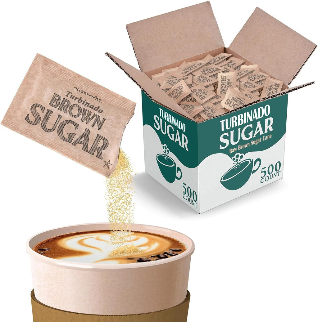 Bulk Sugar Packets, 500 Count - Individual Servings of Turbinado Sugar Packets for Coffee & Tea, Granulated Brown Raw Sugar Packs Great for Restaurants, Coffee Shops, Offices, and More