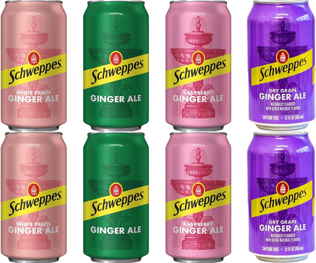 Schweppes Ginger Ale Variety Pack, 4 Flavor White Peach, Regular, Raspberry, Dry Grape, 12 fl oz cans