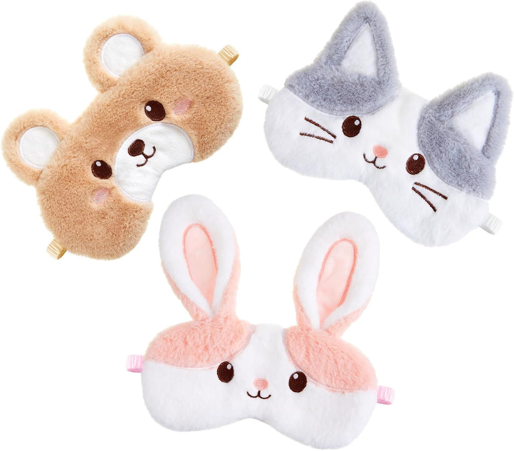 Geyoga 3 Pcs Sleep Mask for Kids, Girls Plush Sleeping Eye Cover Soft Eye Blindfold Cover Animal Shade for Kids(Colorful,Bear, Rabbit, Cat Style)