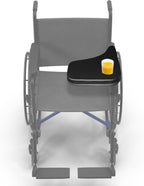 Premium Flip Down Padded Wheelchair Half Lap Tray with Recessed Molded Cup Holder. Left Side. Color, Classic Black. Made in the USA.