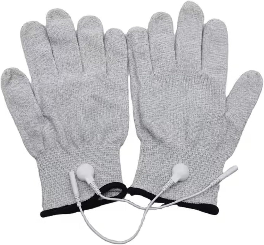 Pair of Silver Conductive Fiber Massage Gloves Replacement with Adapter Lead Wires for T-E-N-S Machine, Size L Available 1 Pair