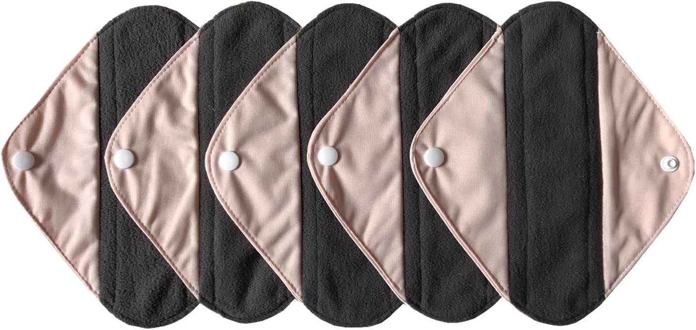 5 Pieces Charcoal Bamboo Mama Cloth/Menstrual Pads/Reusable Sanitary Pads (Light Pink, Pantyliner (8 inch))