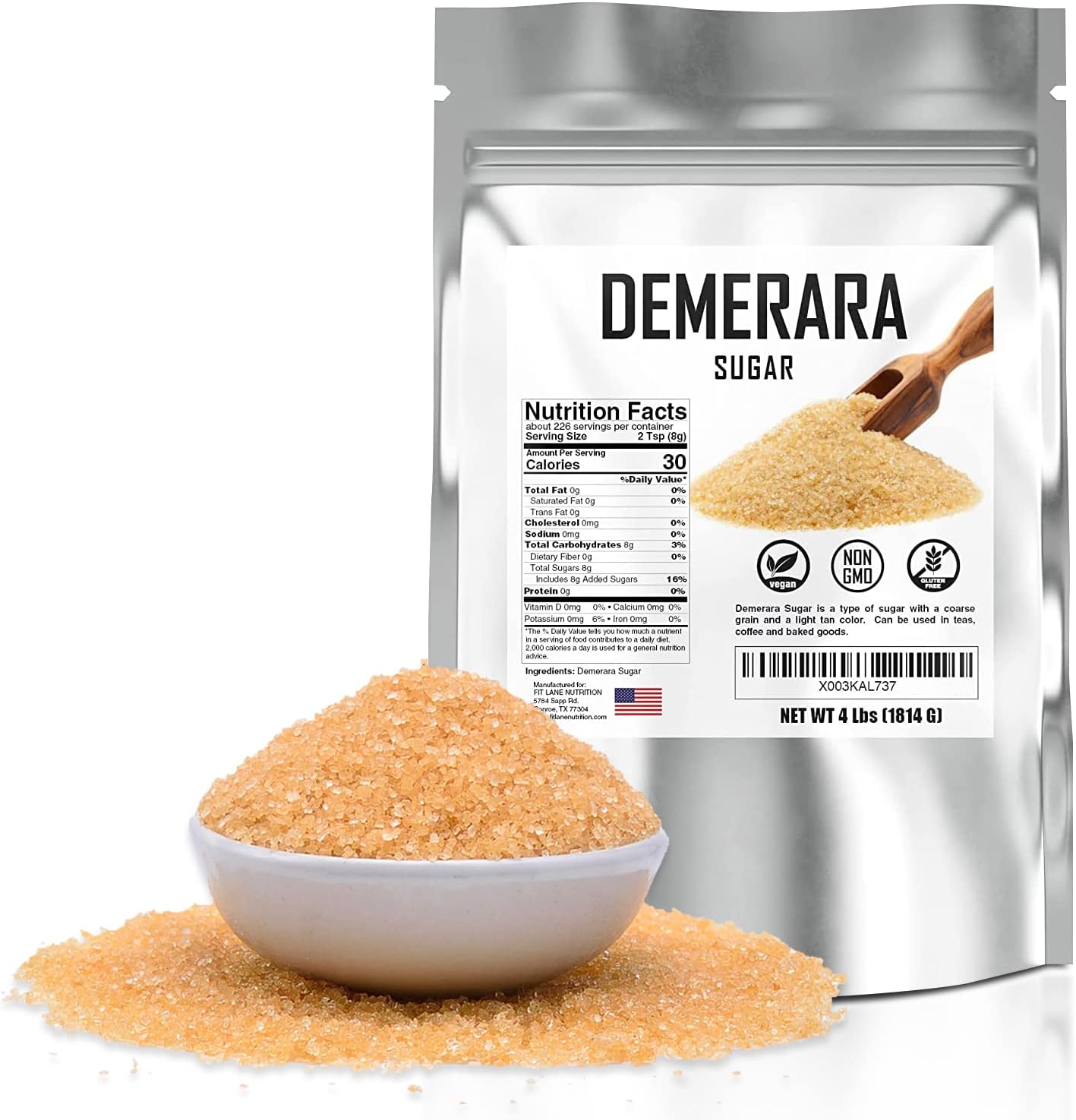 Bulk Demerara Sugar 4 lbs. Pure Unrefined Brown Crystals for Baking and Cooking. Value Size Bag.