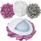3 Pack Bath Loofah Shower with Soap Bags, Dual-Use Exfoliating Bath Sponges Soap Saver for Women & Men, Gentle Body Scrubber (White, Gray, Purple)