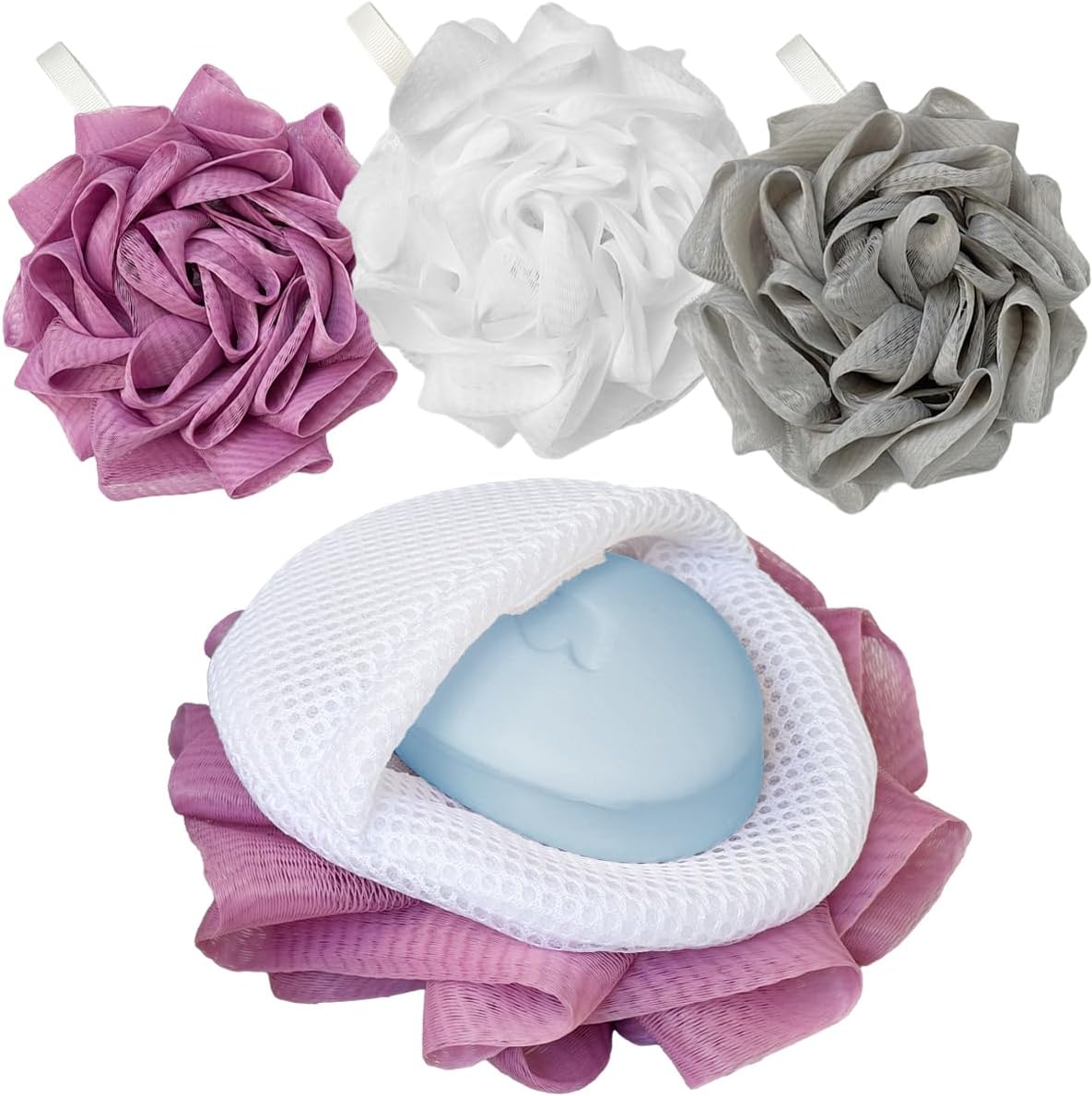 3 Pack Bath Loofah Shower with Soap Bags, Dual-Use Exfoliating Bath Sponges Soap Saver for Women & Men, Gentle Body Scrubber (White, Gray, Purple)