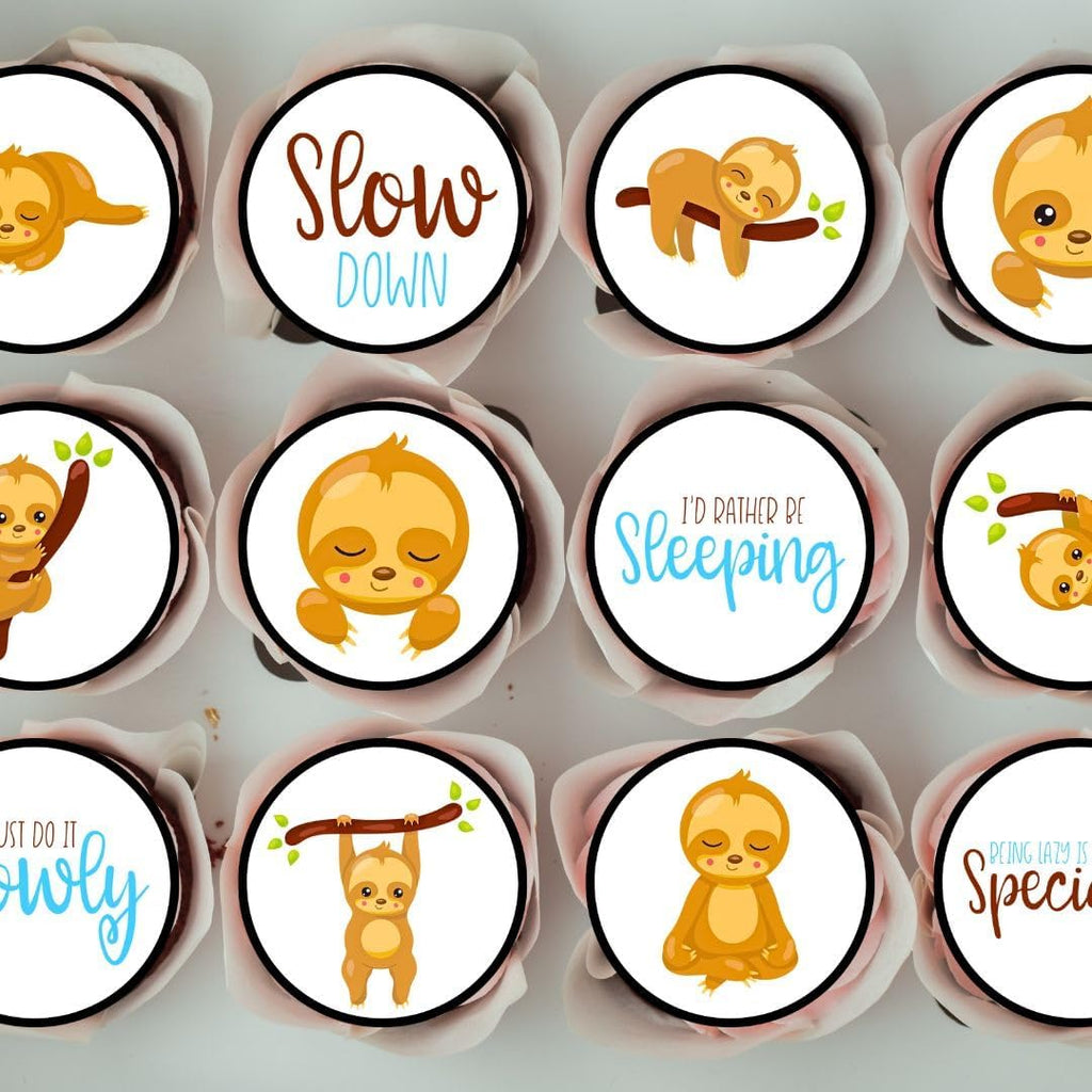 24 Sloth Cake Decorations, Cute Sloth Edible Cupcake Toppers - Stand Up Disc Wafer Cake Decorations, Rainforest Animal Jungle Baby Shower, 4cm / 1.5 Inch Wafer Card Discs UNCUT