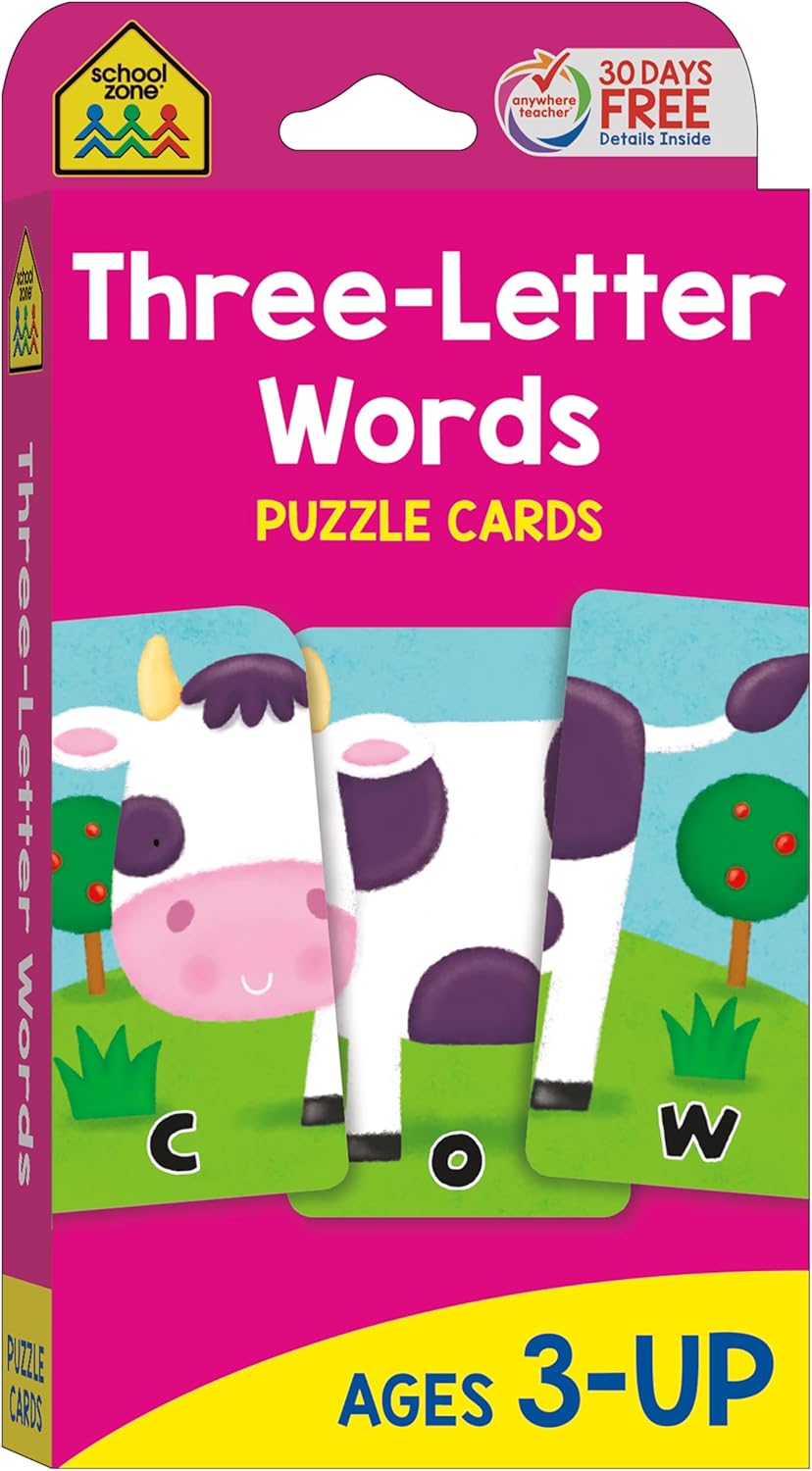School Zone Three-Letter Words Puzzle Cards: 56 Flash Cards, Toddler, Preschool, Kindergarten, Letter Recognition, Spell Words, Spelling, Word-Picture Recognition, Ages 3+, Packaging May Vary