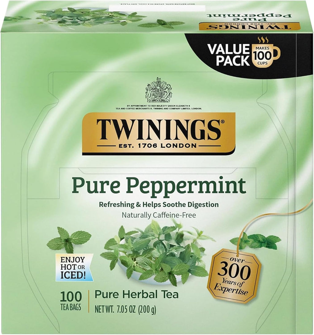 Twinings Pure Peppermint Herbal Tea Individually Wrapped Bags, 100 Count (Pack of 1), Fresh Minty Flavour, Naturally Caffeine-Free, Enjoy Hot or Iced, 100 Teabags