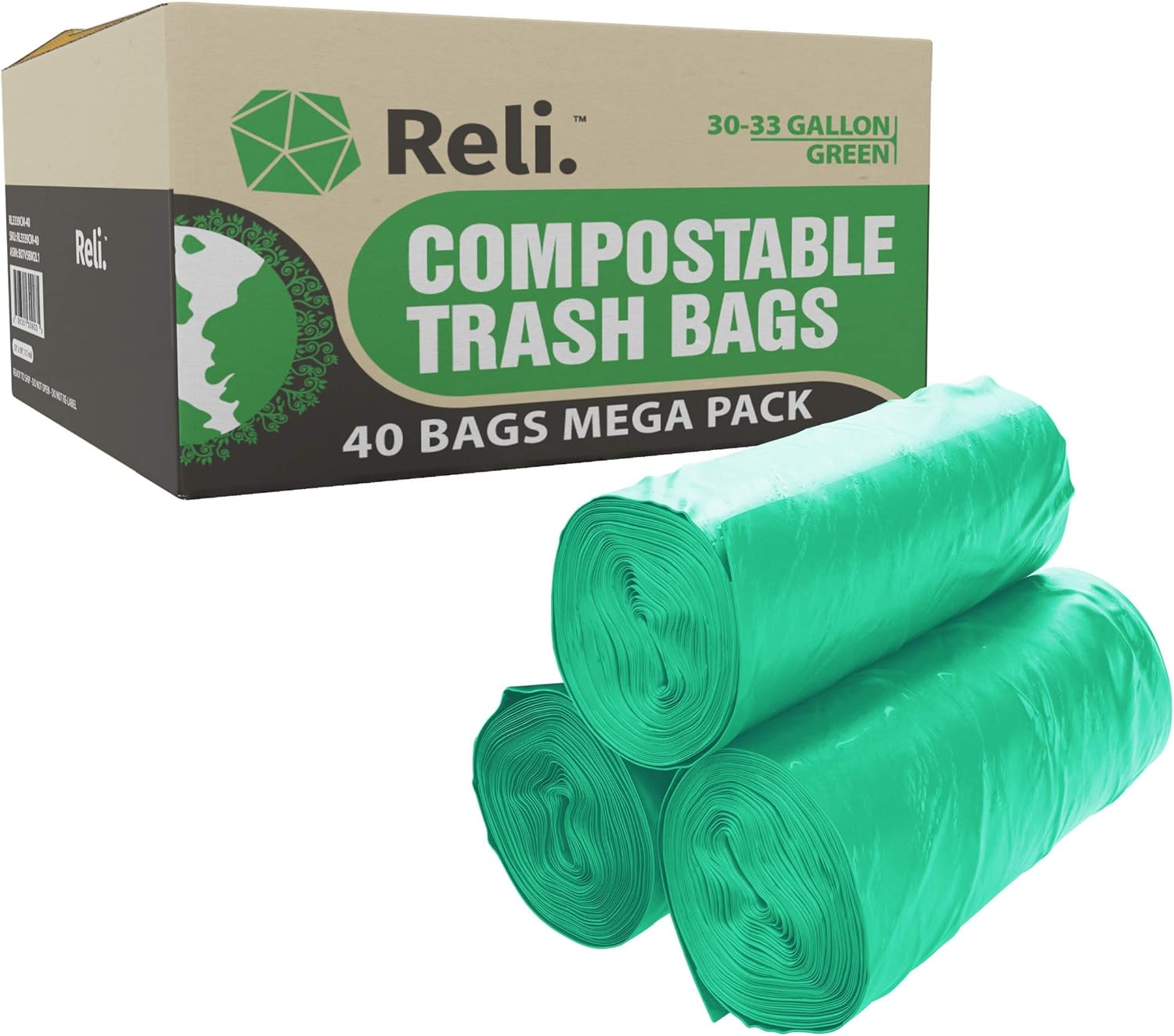 Reli. Compostable 33 Gallon Trash Bags | 40 Count | ASTM D6400 | Green | Eco-Friendly | For Compost