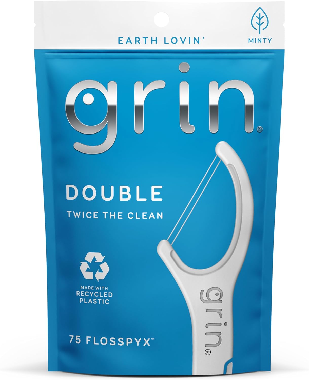 GRIN Double Flosspyx, Floss Picks, 75 Count, Dental Flossers, Minty Flavor, Recycled Plastic, 2 Lines of Strong Floss, Longer Floss Head, Traps Food and Plaque, Includes Safe Soft Fold-Back Tooth Pick