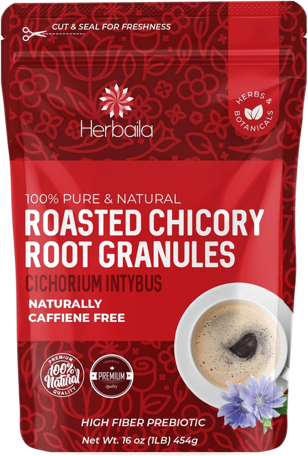 Herbaila Chicory Root Roasted Granules, 1 Pound, Chicory Coffee (Inulin, Prebiotic Dietary Fiber) Rich Flavor, Caffeine Free, Natural Tea and Coffee Substitute, Keto, Kosher