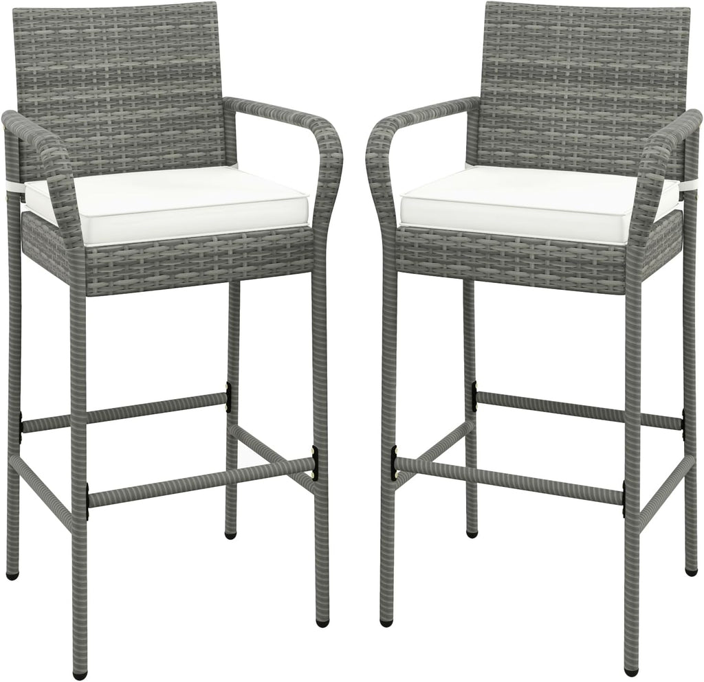 COSTWAY Wicker Bar Stools Set of 2, Patio Bar Height Chairs with Cushions, Armrests and Footrests, Outdoor Rattan Barstools for Backyard, Deck, Pool, 400 lbs Max Load (2, Mix Grey)