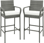 COSTWAY Wicker Bar Stools Set of 2, Patio Bar Height Chairs with Cushions, Armrests and Footrests, Outdoor Rattan Barstools for Backyard, Deck, Pool, 400 lbs Max Load (2, Mix Grey)