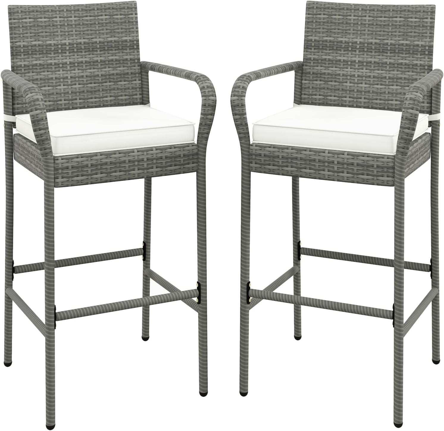 COSTWAY Wicker Bar Stools Set of 2, Patio Bar Height Chairs with Cushions, Armrests and Footrests, Outdoor Rattan Barstools for Backyard, Deck, Pool, 400 lbs Max Load (2, Mix Grey)