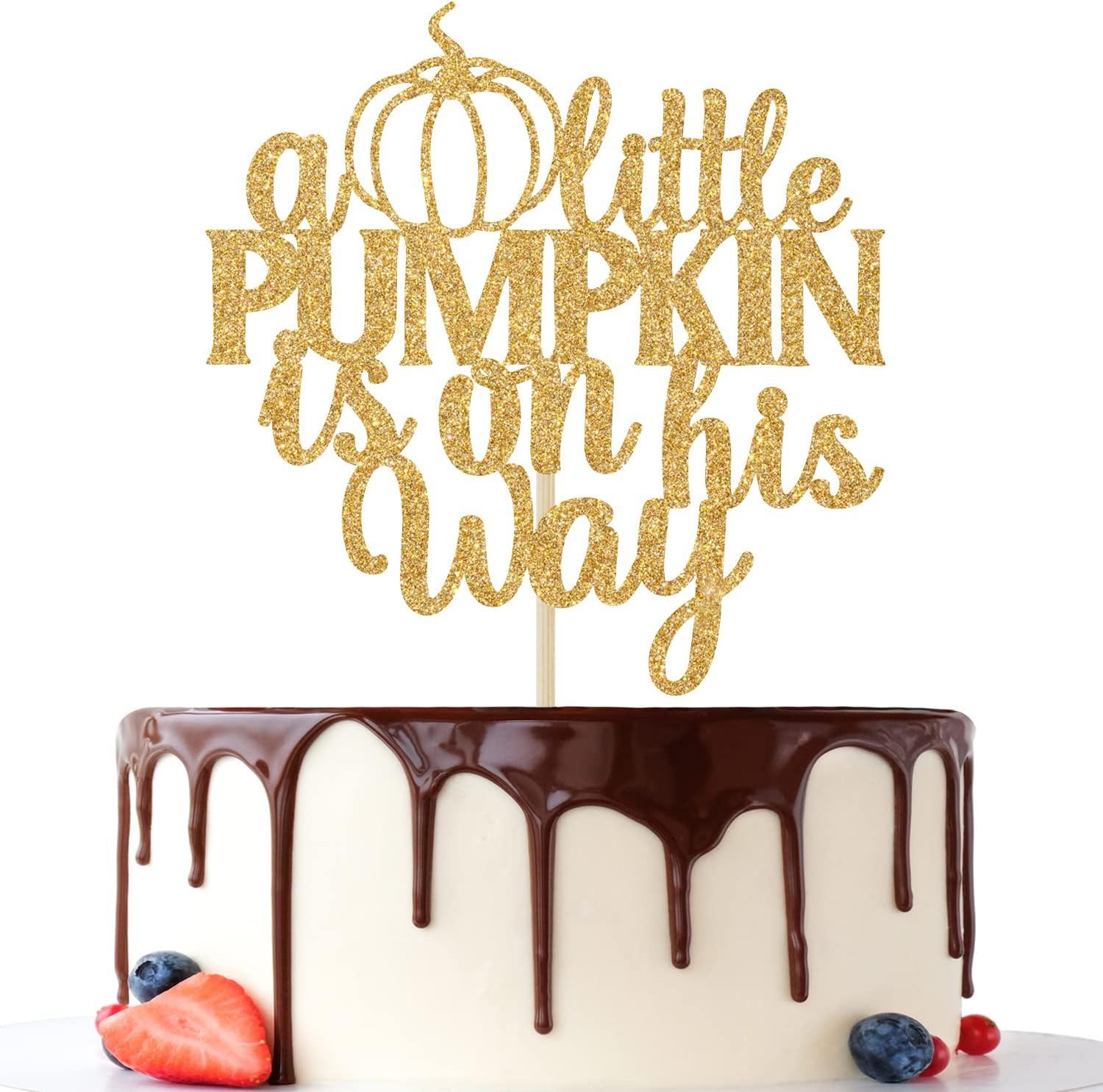 A Little Pumpkin is on His Way Cake Topper, Oh Baby, for Baby Shower Cake Decor, Gender Reveal Party Decorations Gold Glitter