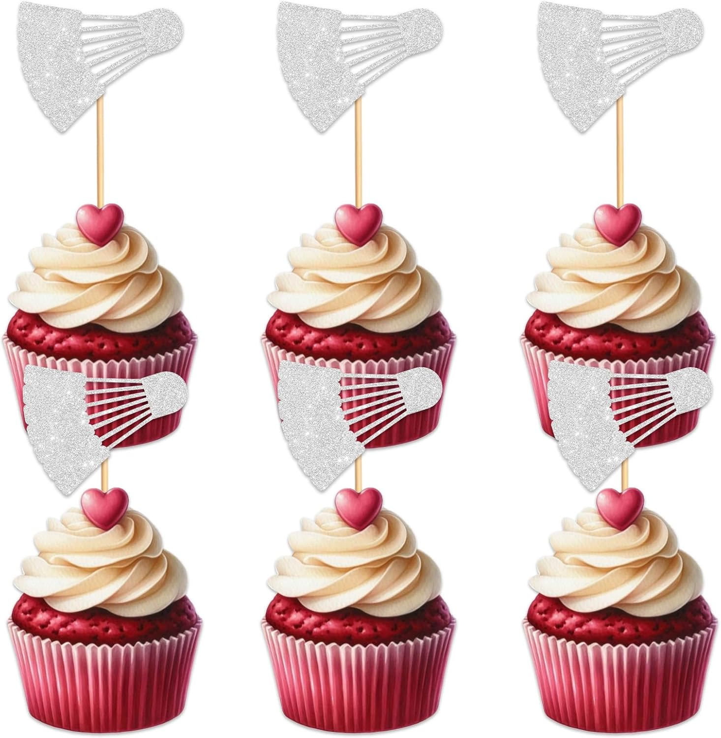 18 Pieces Silver Glitter Silhouette Badminton Cupcake Topper for Play Badminton Sport Theme Party Favors Decorations Men Women Happy Birthday Party Decor Supplies set