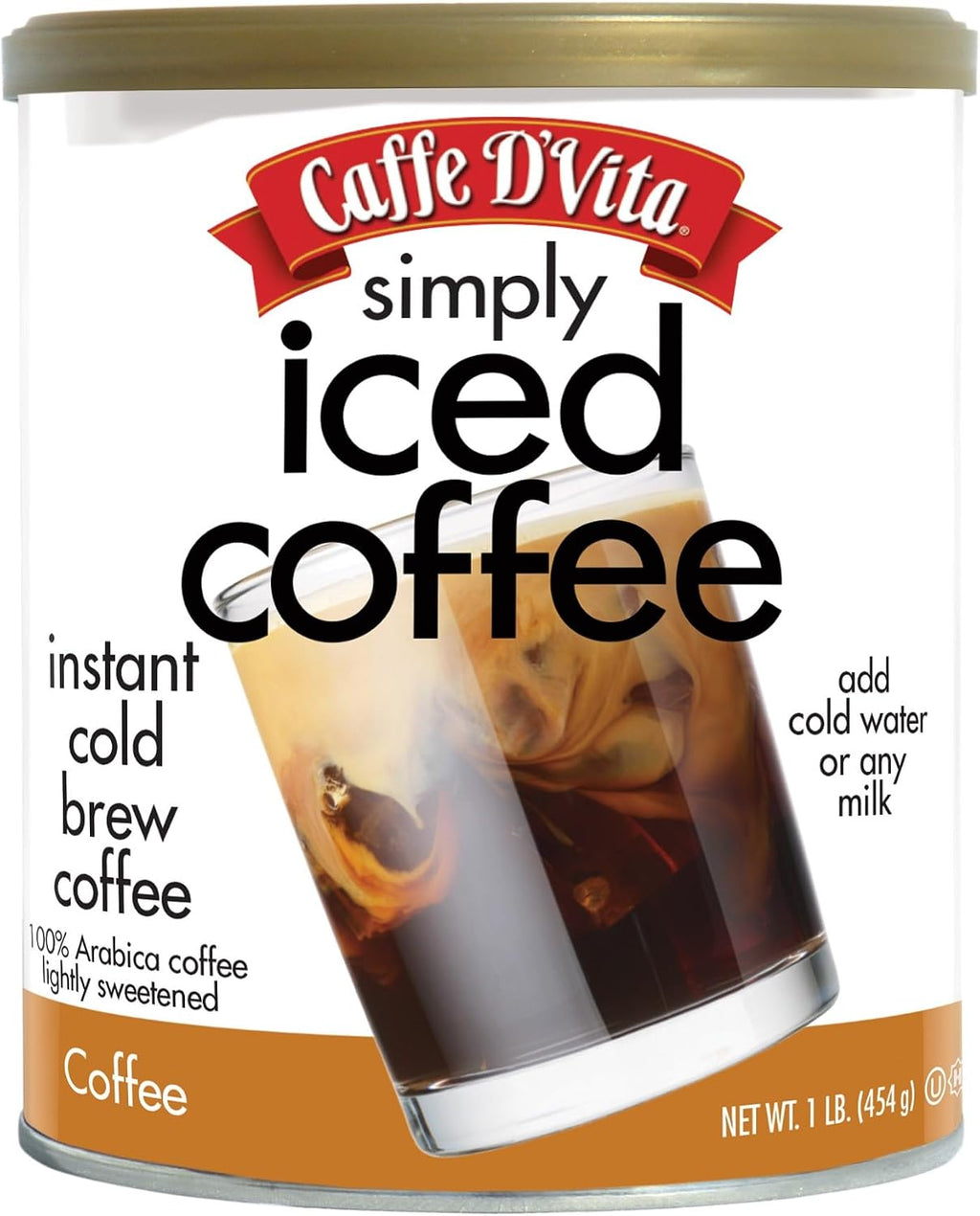 Caffe D'Vita Simply Iced Coffee - 100% Colombian Arabica Instant Mix, Latte Mix, Low Calorie Iced Coffee, Lightly Sweetened, Dairy Free, Instant Coffee Drink - 1 Lb Can
