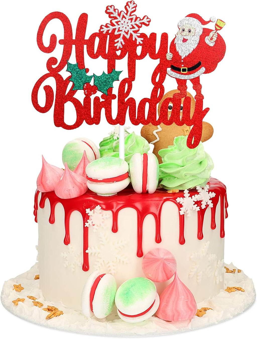 Merry Christmas Happy Birthday Cake Topper - Winter Christmas Glitter Santa Cake Topper - Joyeux Noel Happy New Year - Christmas Holidays Party Decoration
