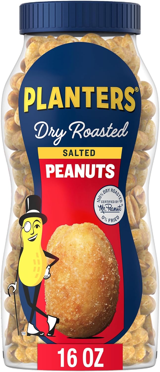 PLANTERS Salted Peanuts, Dry Roasted Peanuts, Party Snacks, Plant Based Protein, Snacks For Adults, 16oz (1 Jar)