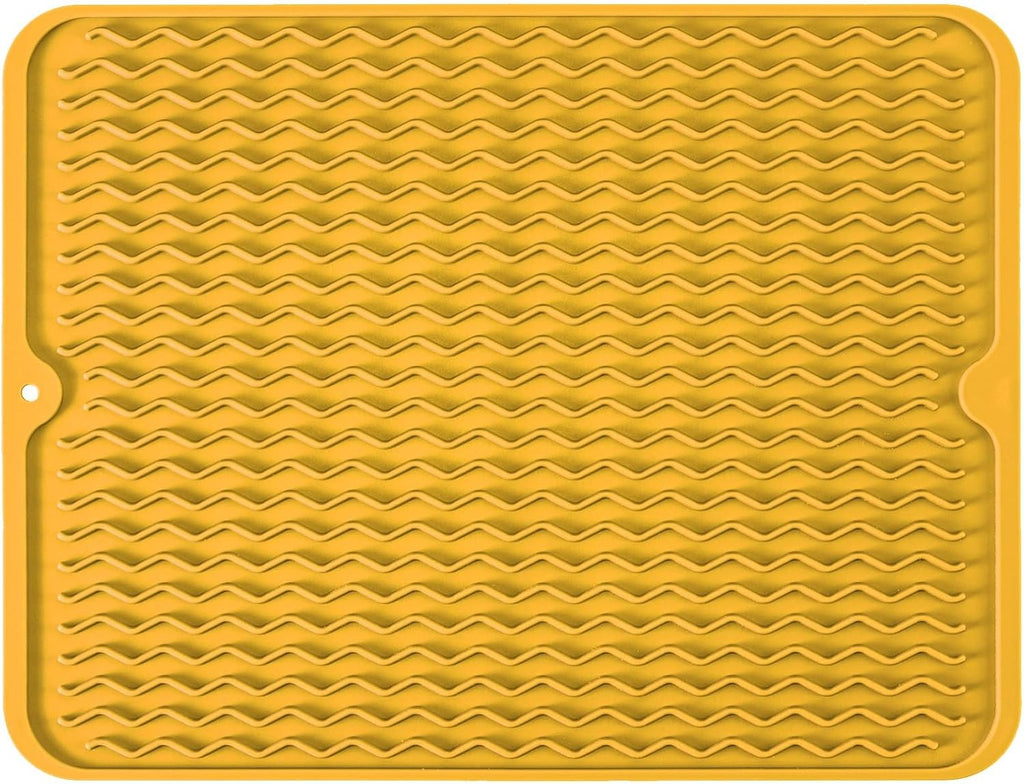 Large 14" x 11" Silicone Dish Drying Mat for Kitchen Counter, Easy clean, Quick Dry, Heat-resistant Dish Drainer Mat for Sink,Refrigerator or Drawer liner (Food Grade Silicone-Yellow)
