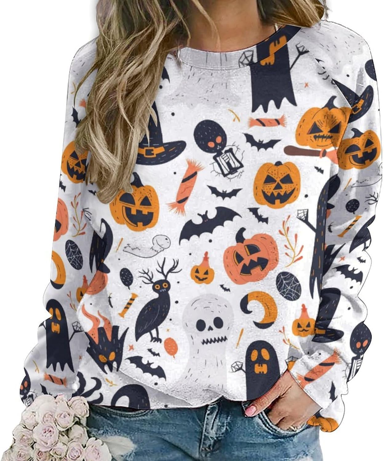 domirica Sweatshirt for Women Halloween Print Fashion Comfy Fall Oversized Outfits Crewneck Lightweight Cotton Shirts