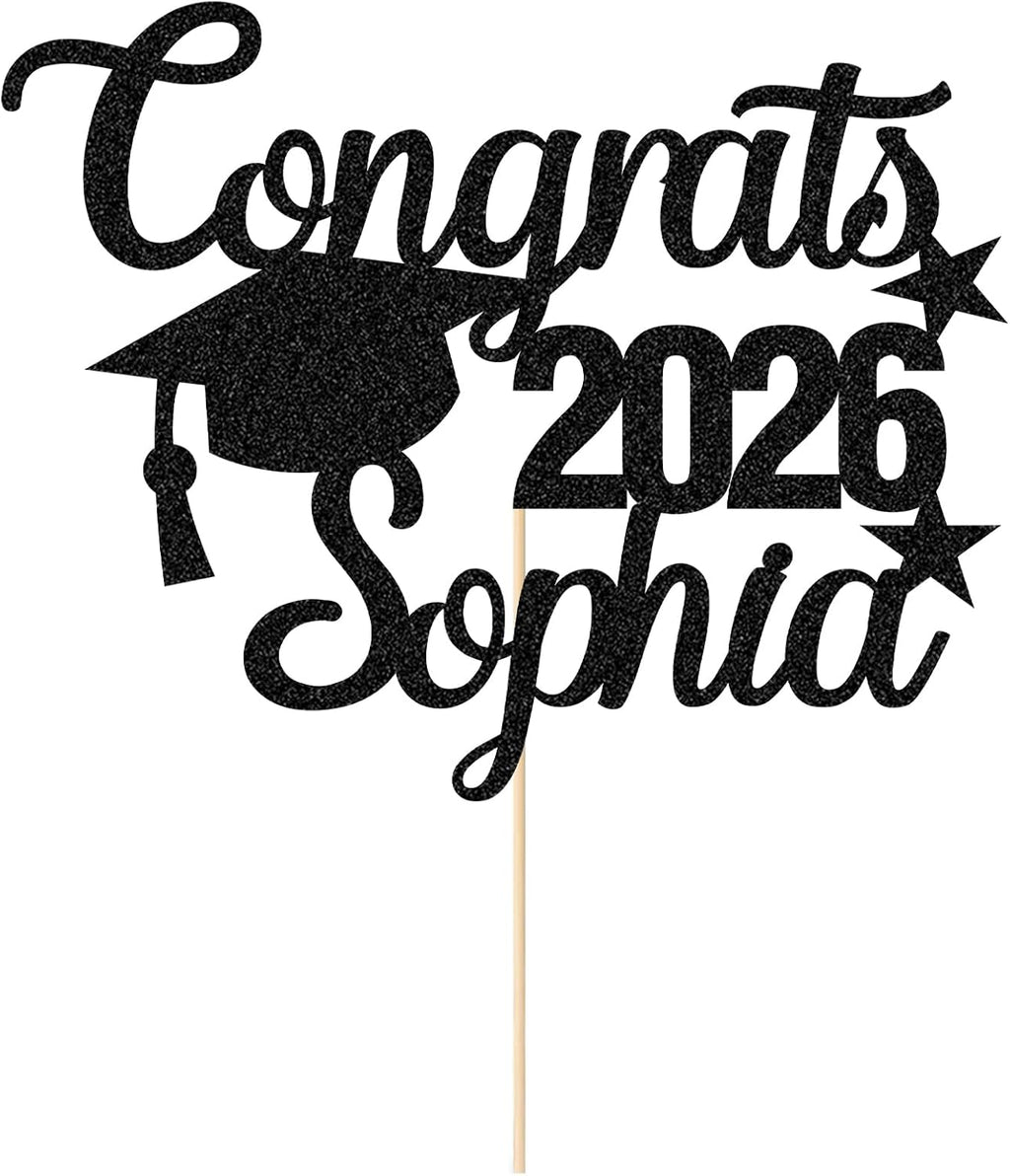 Personalized Graduation Cake Topper Class of 2026 Cake Toppers Graduation Gifts Glitter Congrats Cake Topper with Any Name for Son Daughter Friends Grandson Cake Decorations (Black)