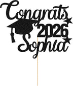 Personalized Graduation Cake Topper Class of 2026 Cake Toppers Graduation Gifts Glitter Congrats Cake Topper with Any Name for Son Daughter Friends Grandson Cake Decorations (Black)