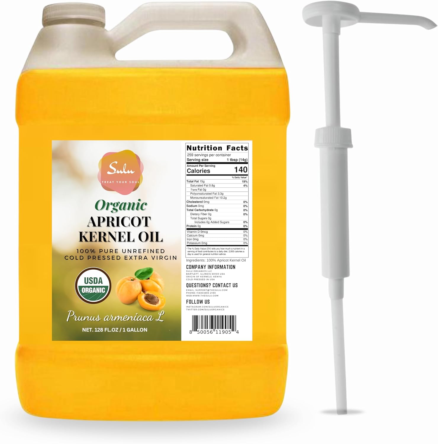 1 Gallon USDA Organic Cold Pressed Unrefined Apricot Kernel Oil