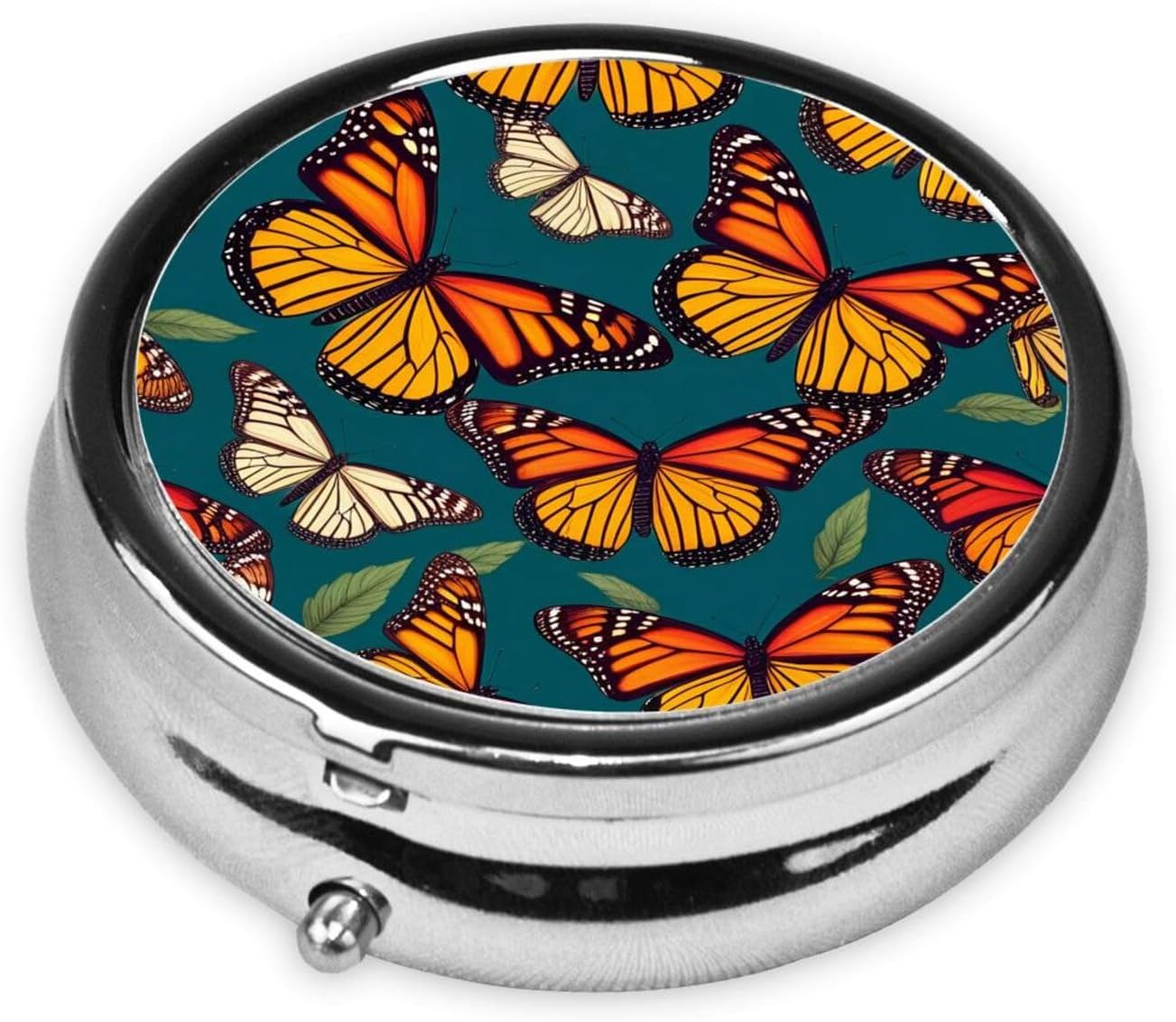 ZhongGuo Monarch Butterflies Printed Pill Organizer,Round Travel Pill Organizer Mini Medicine Pill Box for Purse Iron Plating