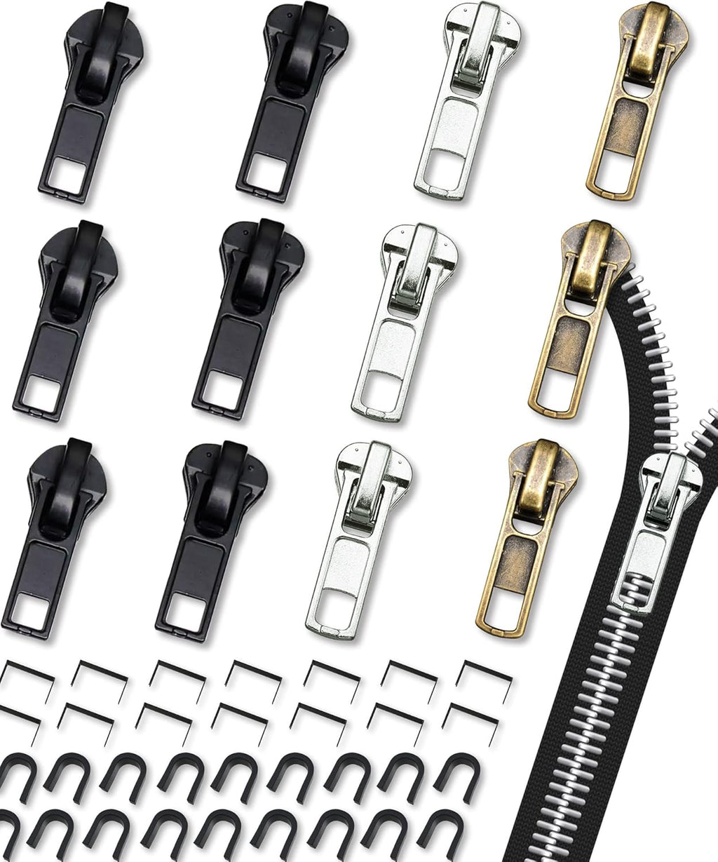 Zipper Repair Kit (52 Pcs), Universal #5 Zipper Replacement Slider Kit, Zipper Pull Replacement, Zippers Fix Repair Kit for Jackets, Coats, Boot, Backpack, Hoodie, Metal, Plastic & Nylon Coil Zippers
