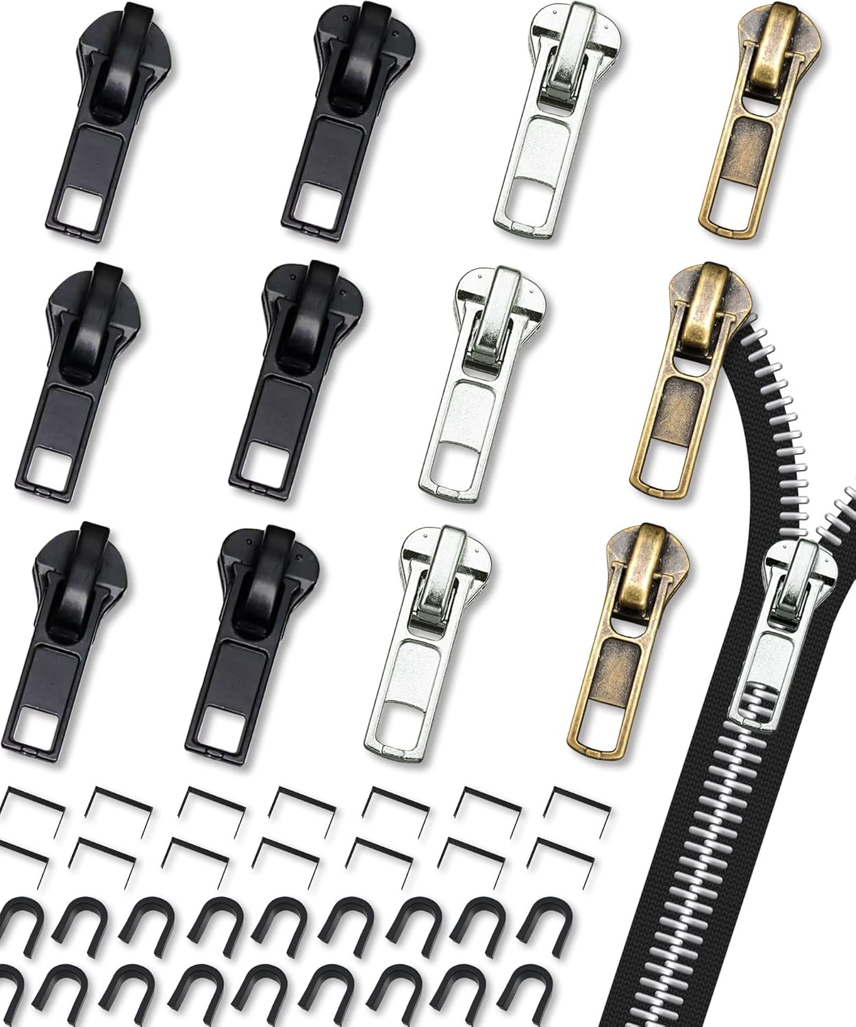 Zipper Repair Kit (52 Pcs), Universal #5 Zipper Replacement Slider Kit, Zipper Pull Replacement, Zippers Fix Repair Kit for Jackets, Coats, Boot, Backpack, Hoodie, Metal, Plastic & Nylon Coil Zippers