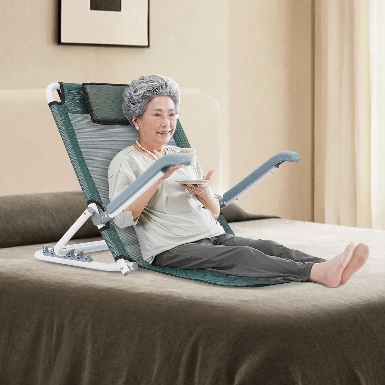 Adjustable Bed Backrest Support with Armrest Breathable Fabric, Foldable Sit-up Nursing Backrest for Neck Head Lumbar Support Patient Care Bed Chair, 20-75°(Five-Gear Adjustable) (Green)
