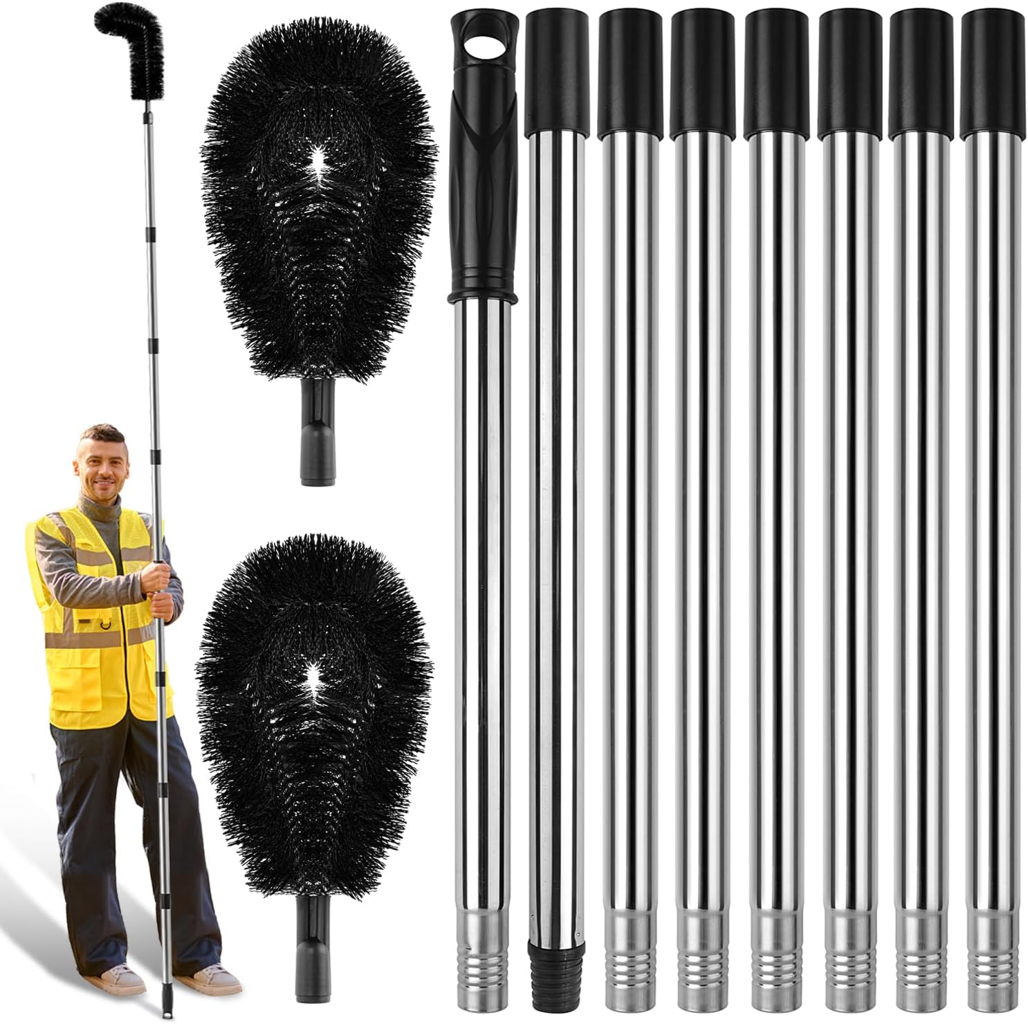 Gutter Cleaning Tools from The Ground, RV Rain Gutter Cleaning Brush with Pole, No Ladder Needed for Removing Leaves Debris from Roof Gutters, Leaf CleaningTool, Long-Reach Gutter Cleaner Tool, Black