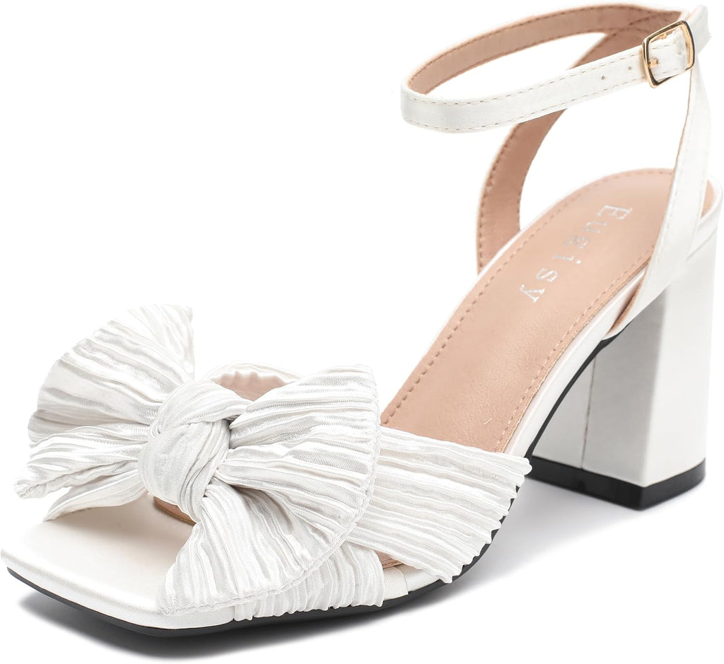 Women's Bow Knot Heeled Sandals Bowknot Pleated Ankle Strap Open Toe Chunky High Heels Wedding Bridal Party Dress Shoes