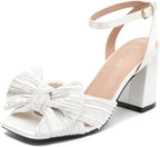 Women's Bow Knot Heeled Sandals Bowknot Pleated Ankle Strap Open Toe Chunky High Heels Wedding Bridal Party Dress Shoes