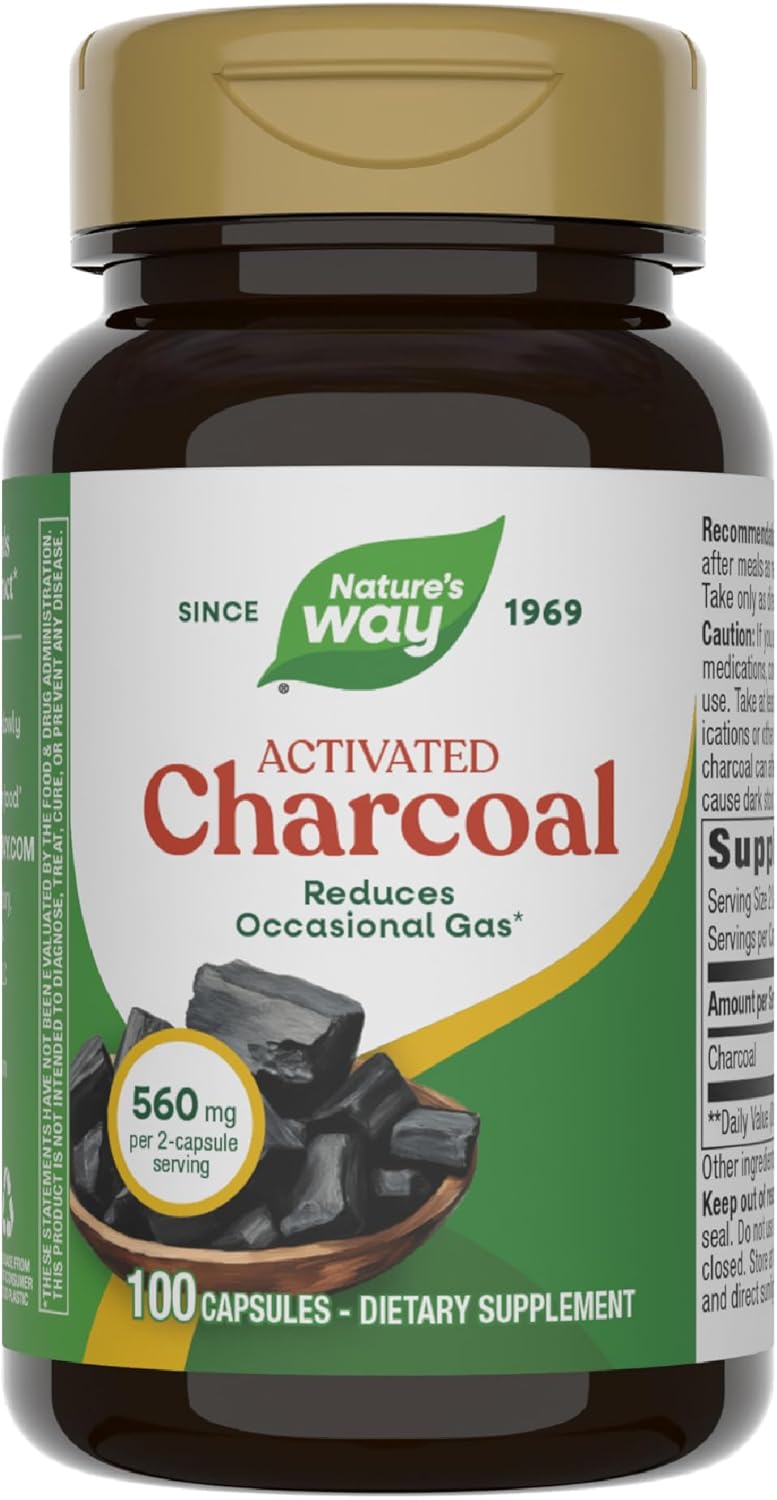 Nature's Way Activated Charcoal, Binds Unwanted Materials and Gas in the Digestive Tract*, 560 mg per 2-Capsule Serving, 100 Capsules (Packaging May Vary)