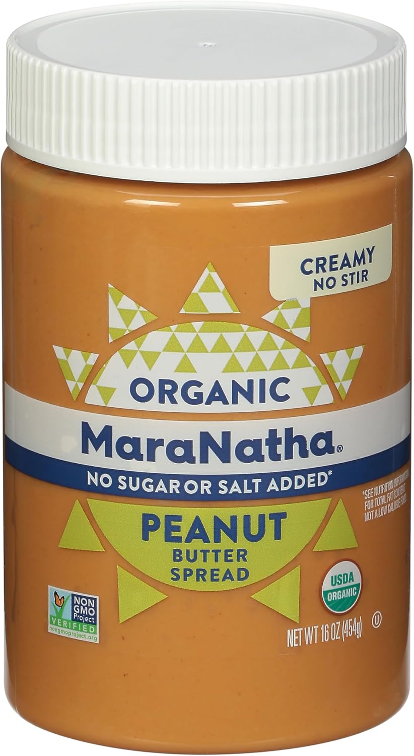 MaraNatha Organic Creamy Peanut Butter Spread, No Stir, Natural, No Sugar or Salt Added, Gluten Free, 16 Ounce Jar