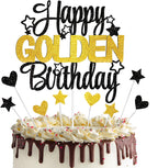 9pcs Happy Golden Birthday Cake Topper - Golden Birthday Party Decorations for Kids Adults, 10th 13th 14th 16th 18th 30th 50th 60th Cake Decorations