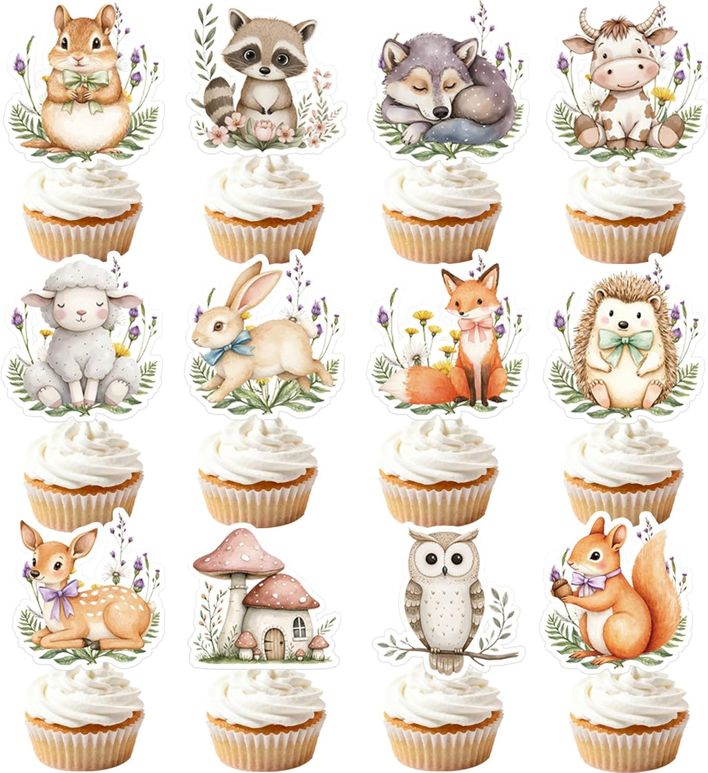 48pcs Woodland Animal Cupcake Toppers, Animals Theme Baby Shower Decorations for Boys Girls Birthday Party