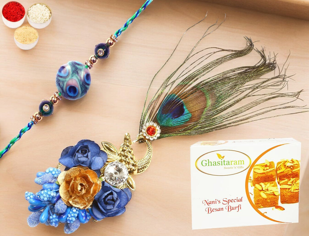 Ghasitaram Gifts Rakhis Online - Rakhi for Brother-M-102 Bhaiya Bhabhi Rakhi with 400 GMS of Besan Barfi