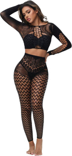 Womens Sexy Fishnet Lingerie Sets Footless Fishnet Stockings Hollow Out Long Sleeve 2 Piece Mesh Bodysuits