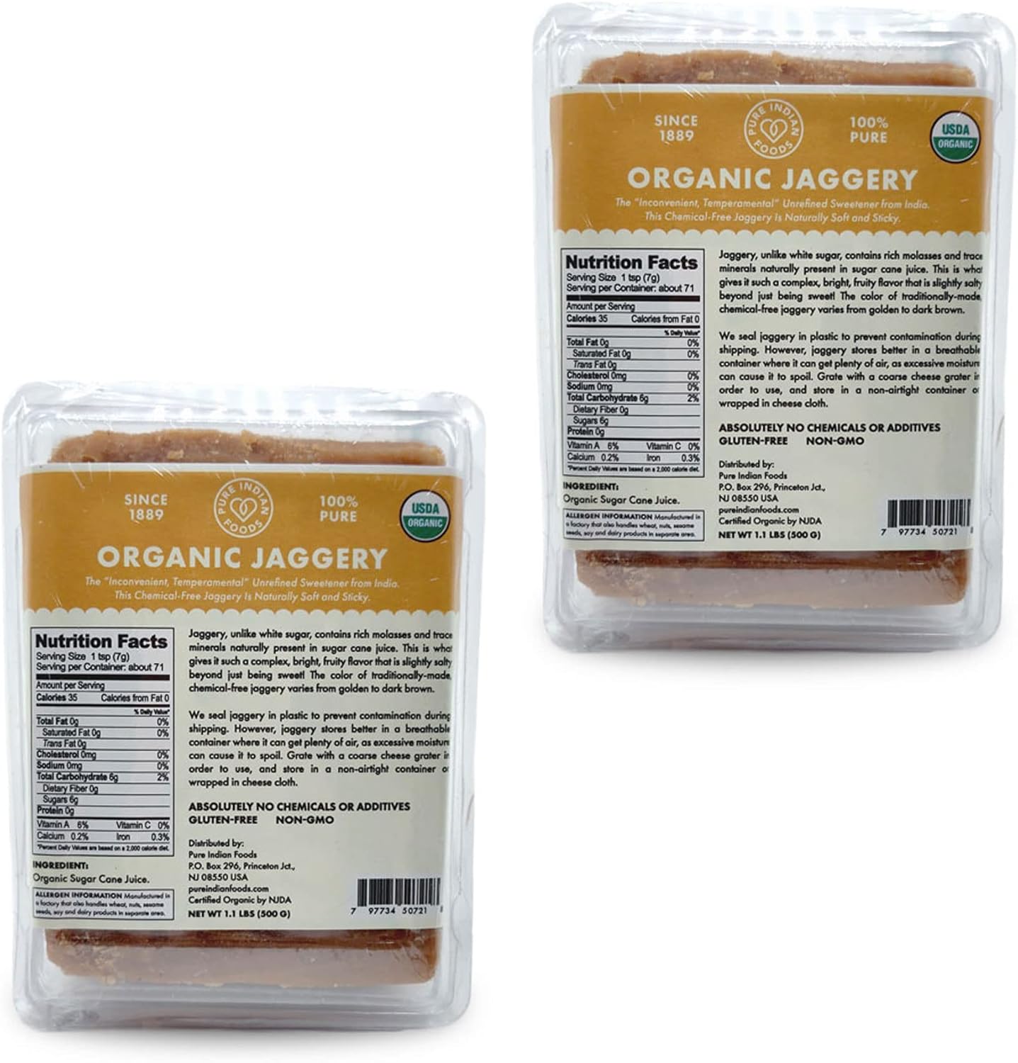 Pure Indian Foods Organic Jaggery Sugar - Known as Gur, Gud, or Panela - Raw Gluten-Free Wholesome Brown Sugar from Sugar Cane - 2-Pack of 1.1 lb (1kg total)