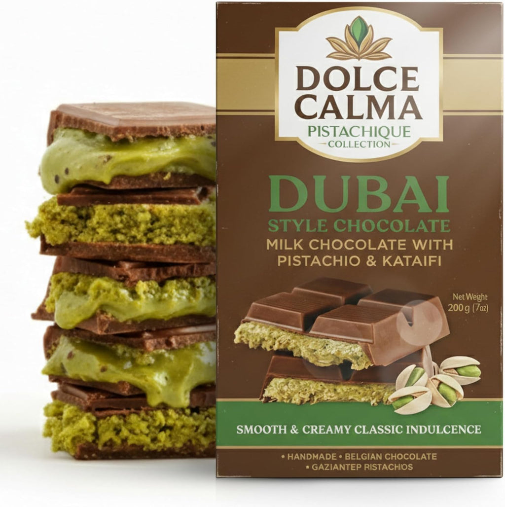 Dolce Calma Dubai Chocolate Bar Milk (200g / 7oz) – Viral Authentic Handmade Belgian Chocolate with Turkish Pistachio & Crispy Kataifi, Premium Quality Candy, Luxury Cream Kunafa Filling, No Palm Oil