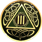 3 Year Celtic AA Medallion - Irish Gaelic Green and Gold Alcoholics Anonymous, Sobriety Chip, Token, Coin